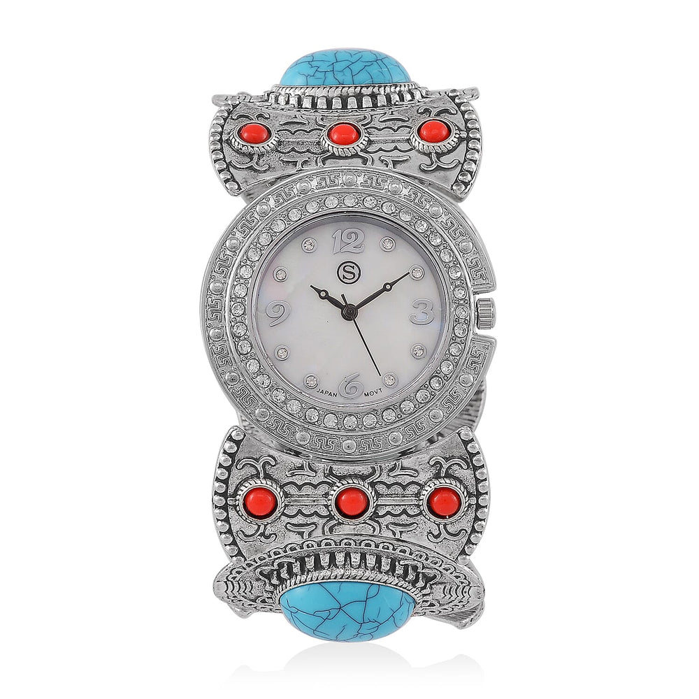 STRADA Japan Movt. White Dial Black Oxidised Crystal Studded Watch with Blue - Red Bracelet