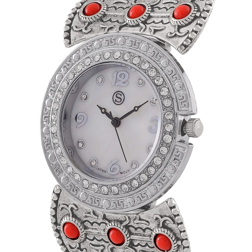STRADA Japan Movt. White Dial Black Oxidised Crystal Studded Watch with Blue - Red Bracelet