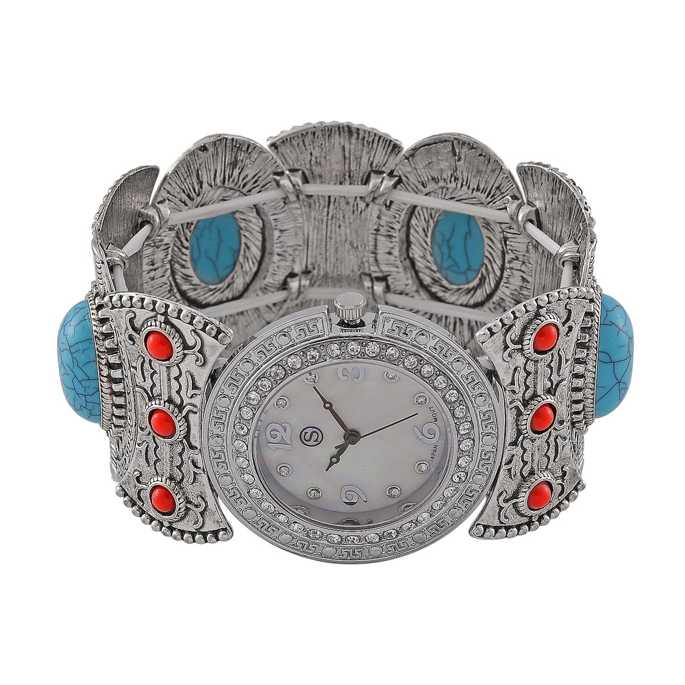 STRADA Japan Movt. White Dial Black Oxidised Crystal Studded Watch with Blue - Red Bracelet