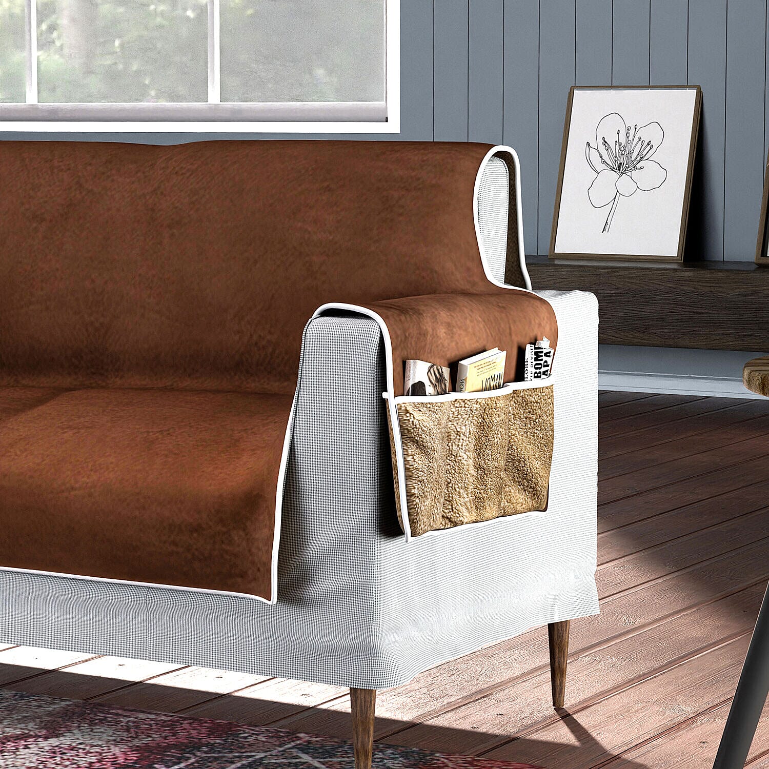 Refresh Your Sofa Reversible Suede-Sherpa Sofa Cover with 6 Pockets 3 Seater (Size 323x213 Cm) - Brown - Light Brown