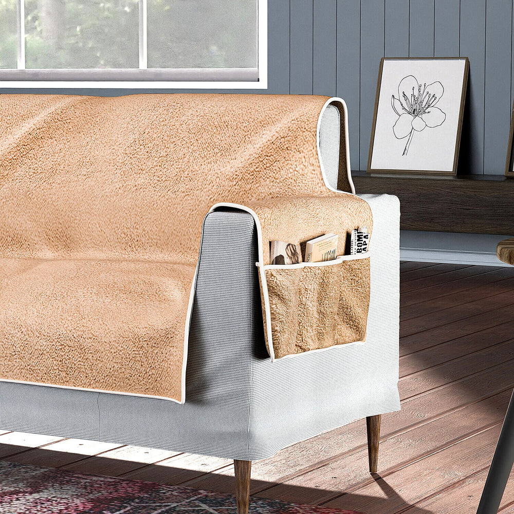 Refresh Your Sofa Reversible Suede-Sherpa Sofa Cover with 6 Pockets 3 Seater (Size 323x213 Cm) - Brown - Light Brown