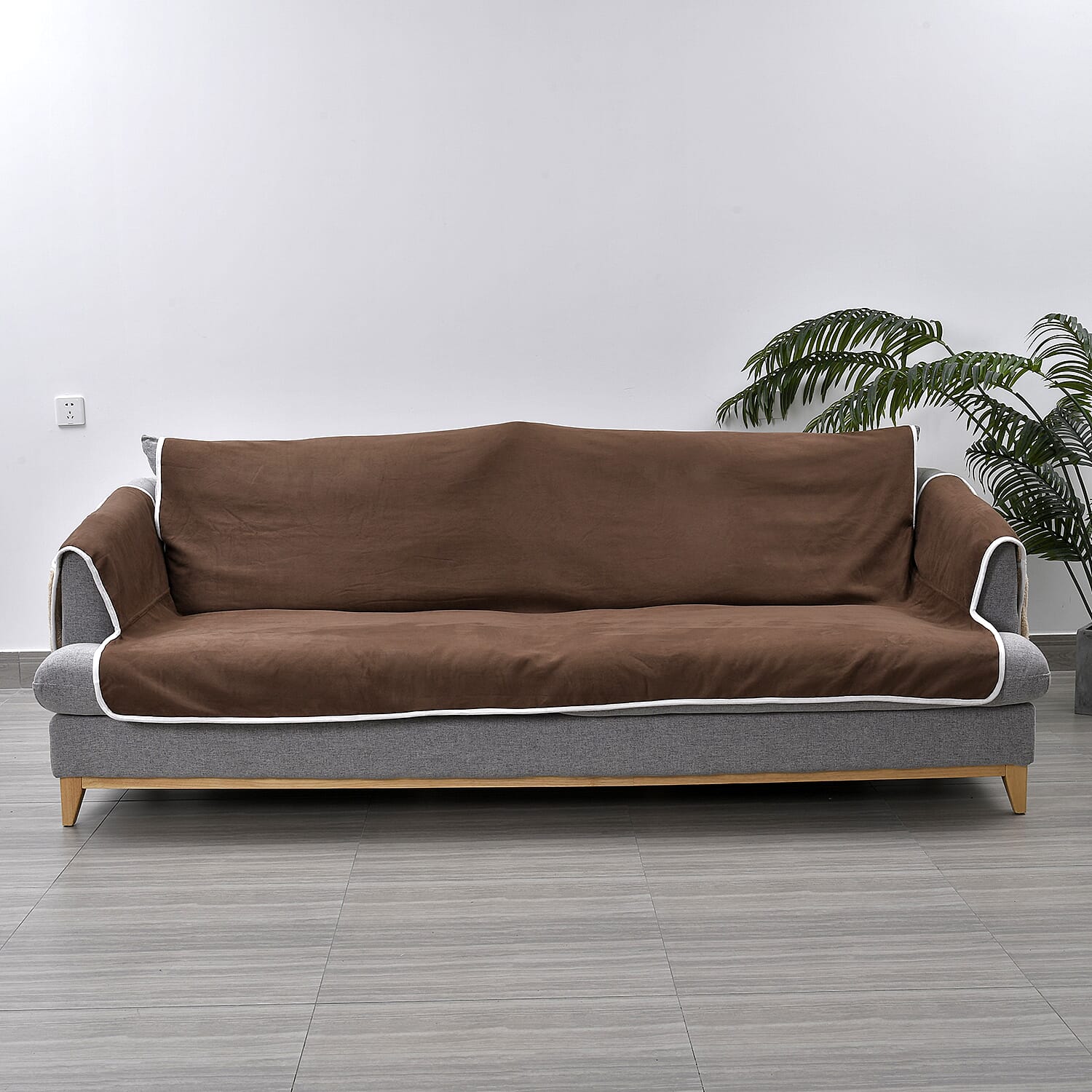 Refresh Your Sofa Reversible Suede-Sherpa Sofa Cover with 6 Pockets 3 Seater (Size 323x213 Cm) - Brown - Light Brown