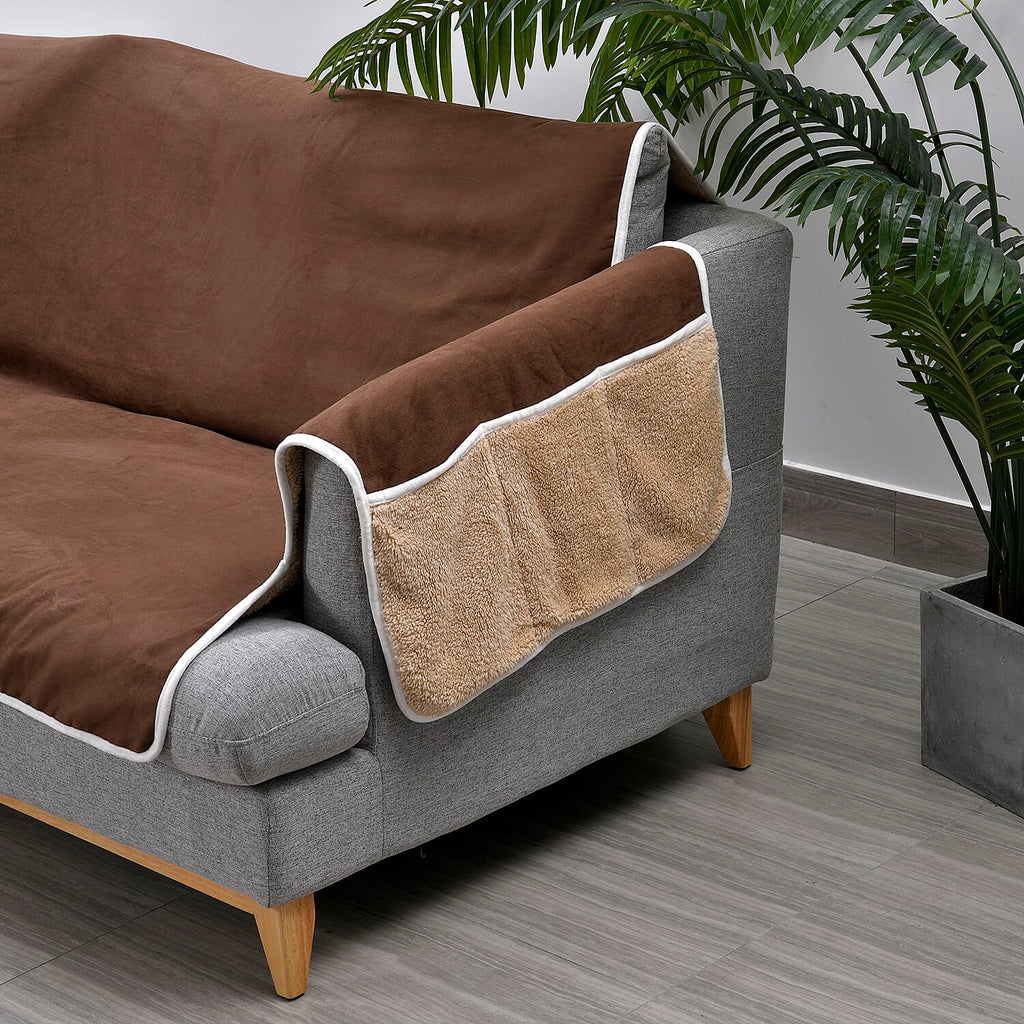 Refresh Your Sofa Reversible Suede-Sherpa Sofa Cover with 6 Pockets 3 Seater (Size 323x213 Cm) - Brown - Light Brown