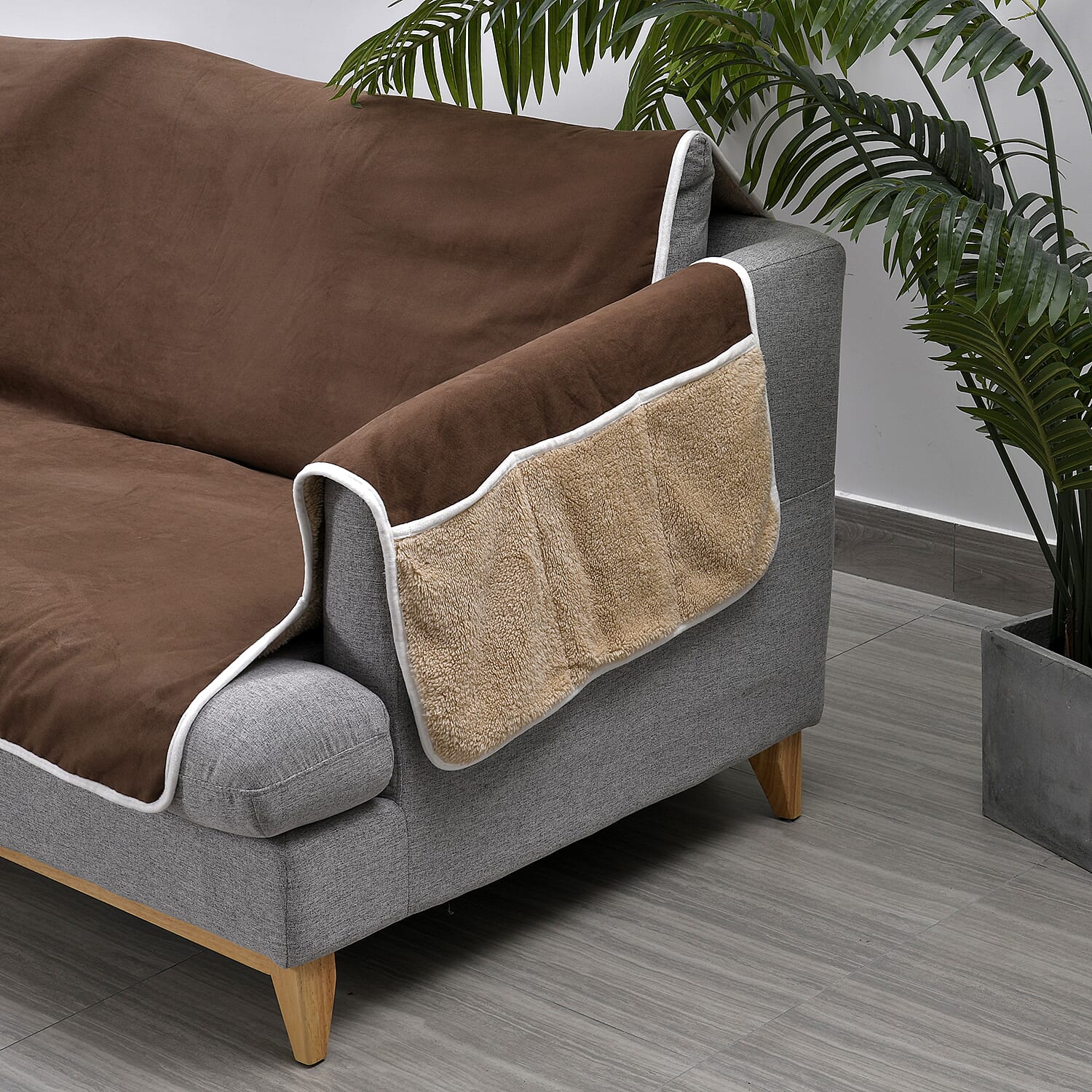 Refresh Your Sofa Reversible Suede-Sherpa Sofa Cover with 6 Pockets 3 Seater (Size 323x213 Cm) - Brown - Light Brown