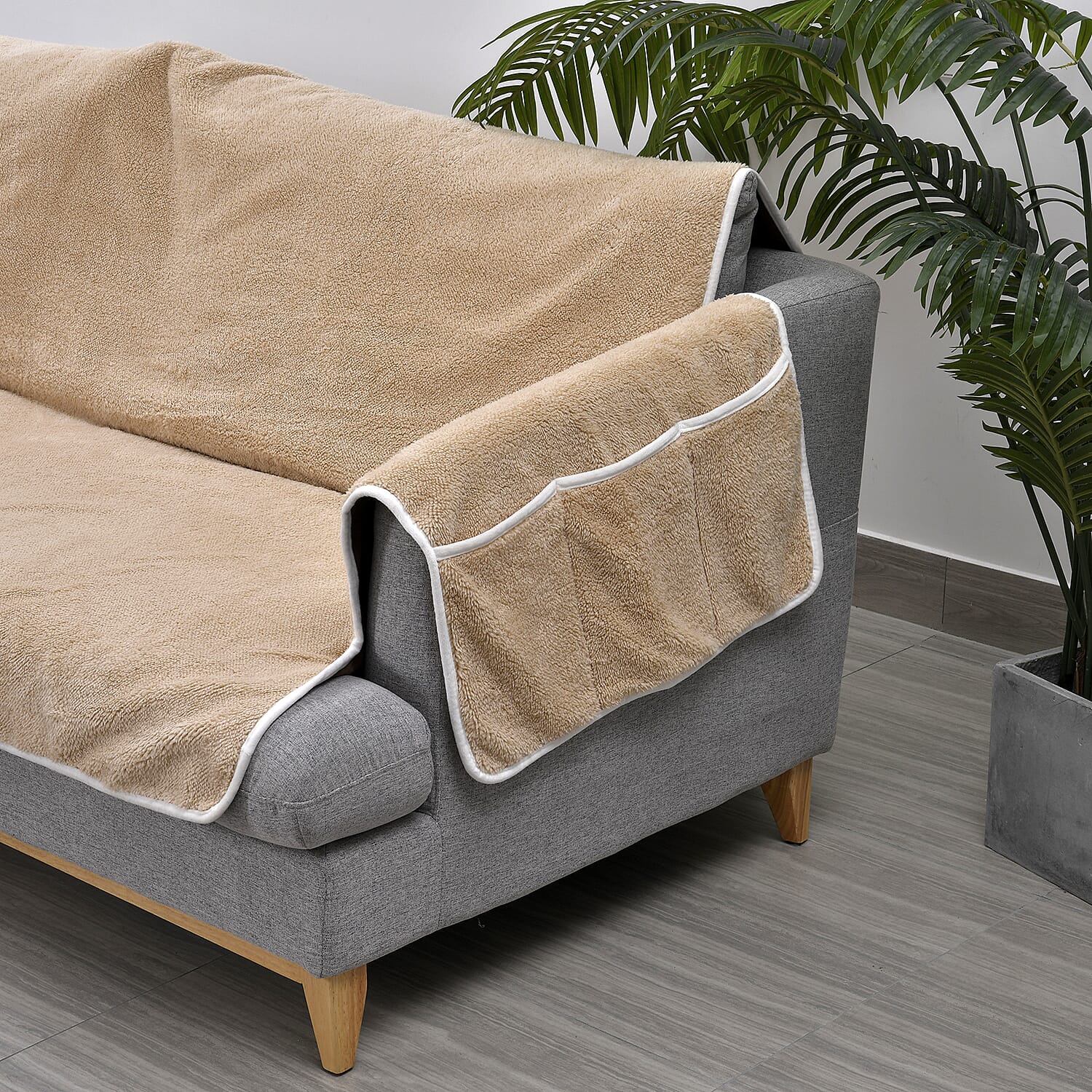 Refresh Your Sofa Reversible Suede-Sherpa Sofa Cover with 6 Pockets 3 Seater (Size 323x213 Cm) - Brown - Light Brown