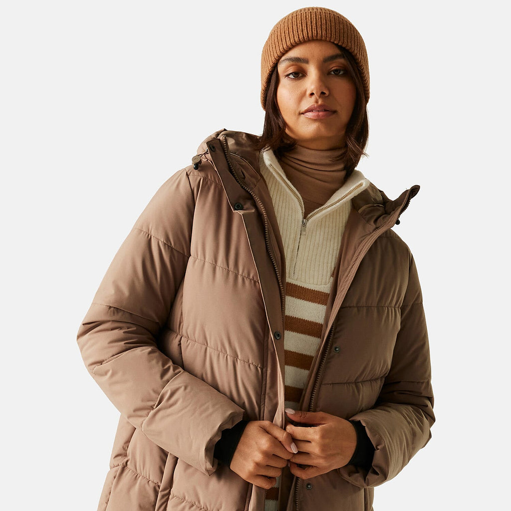 Regatta Womens Longline Quilted Insulated with Hood - Seam Snaps (Size - 16) - Mocha