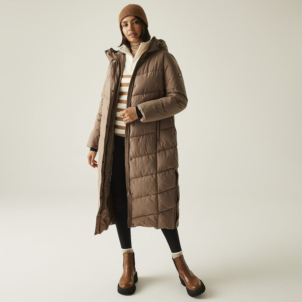 Regatta Womens Longline Quilted Insulated with Hood - Seam Snaps (Size - 18) - Mocha