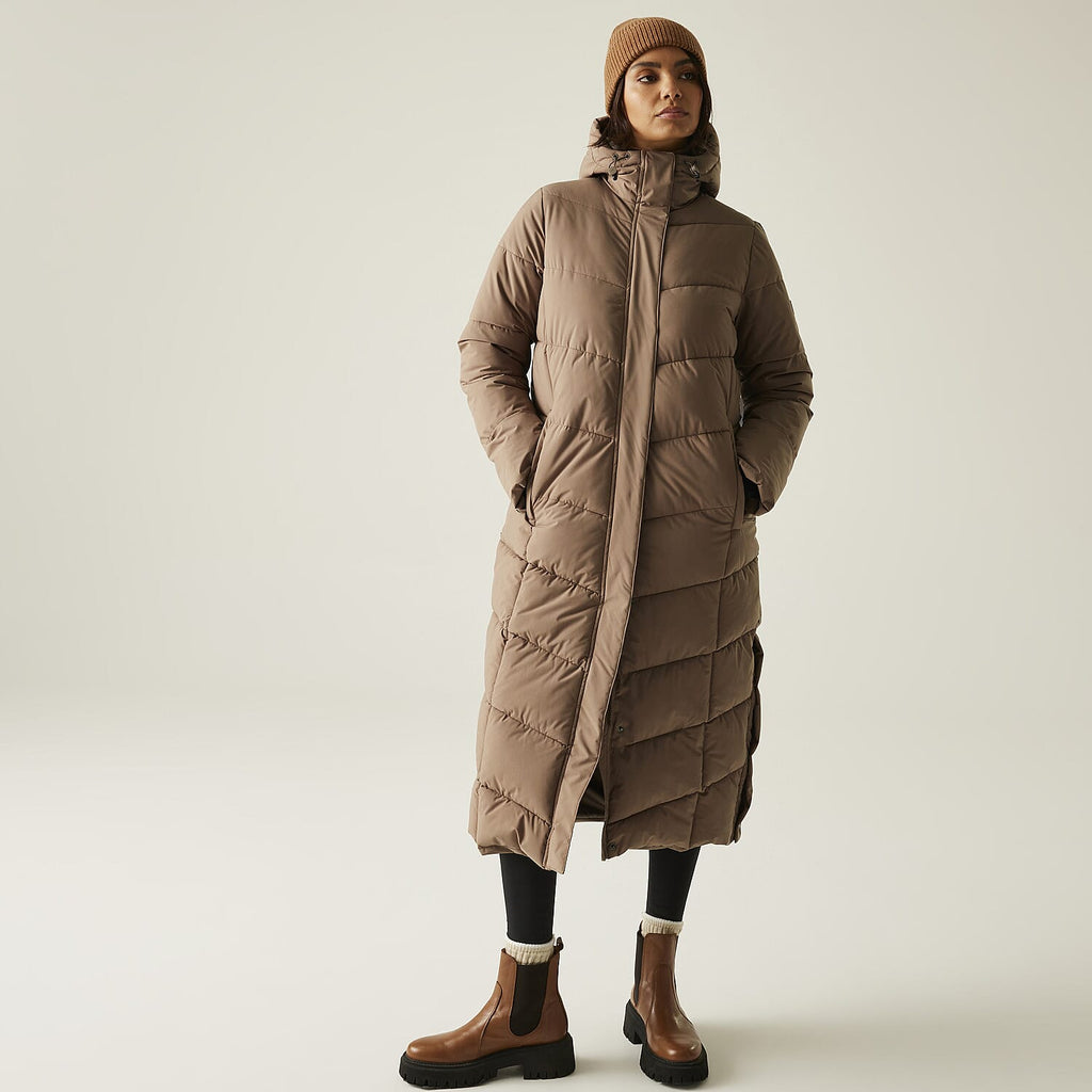 Regatta Womens Longline Quilted Insulated with Hood - Seam Snaps (Size - 18) - Mocha