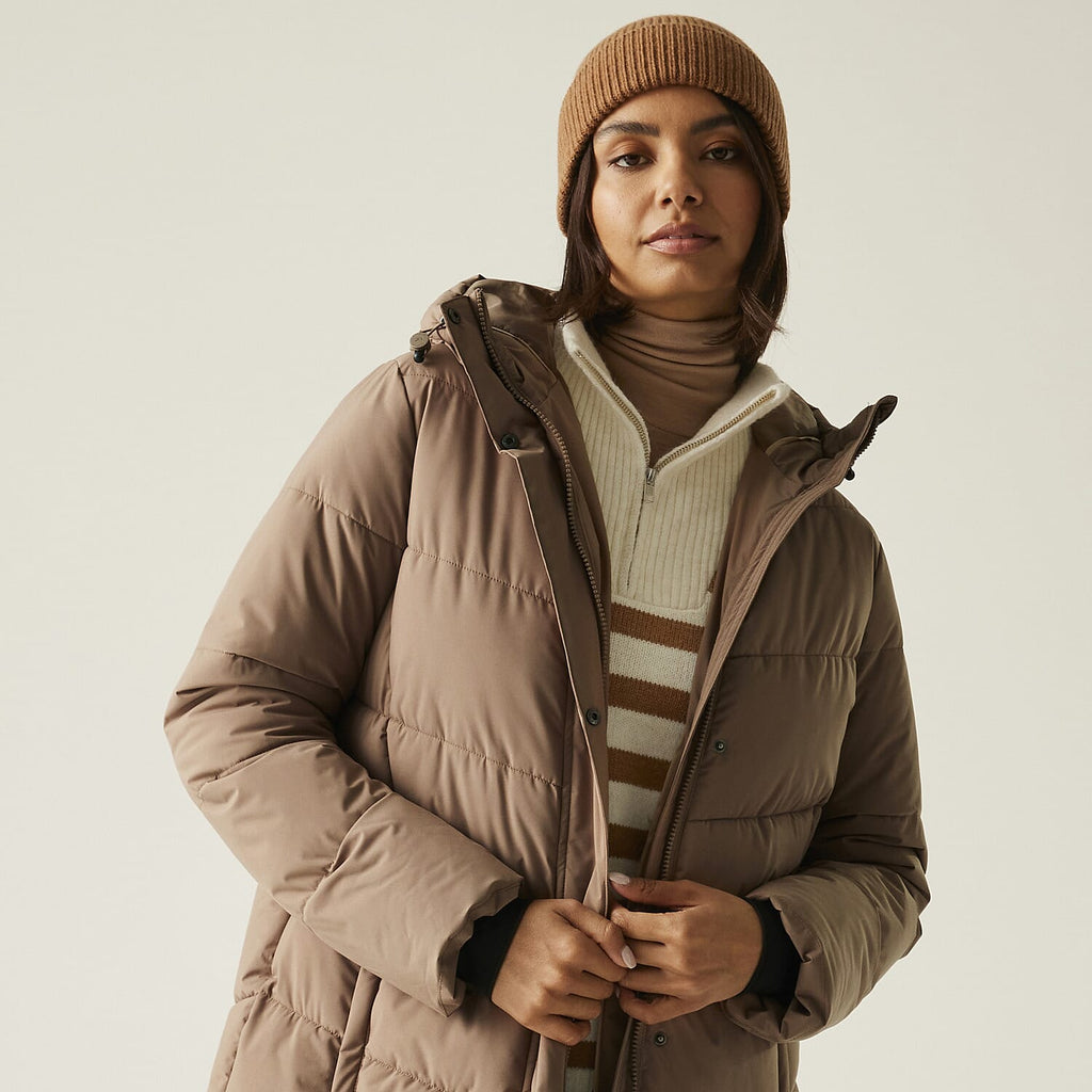Regatta Womens Longline Quilted Insulated with Hood - Seam Snaps (Size - 18) - Mocha