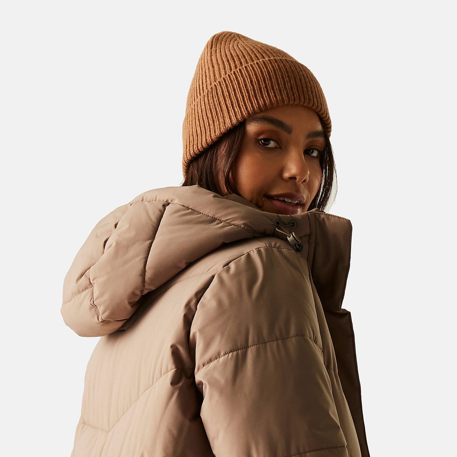 Regatta Womens Longline Quilted Insulated with Hood - Seam Snaps (Size - 18) - Mocha