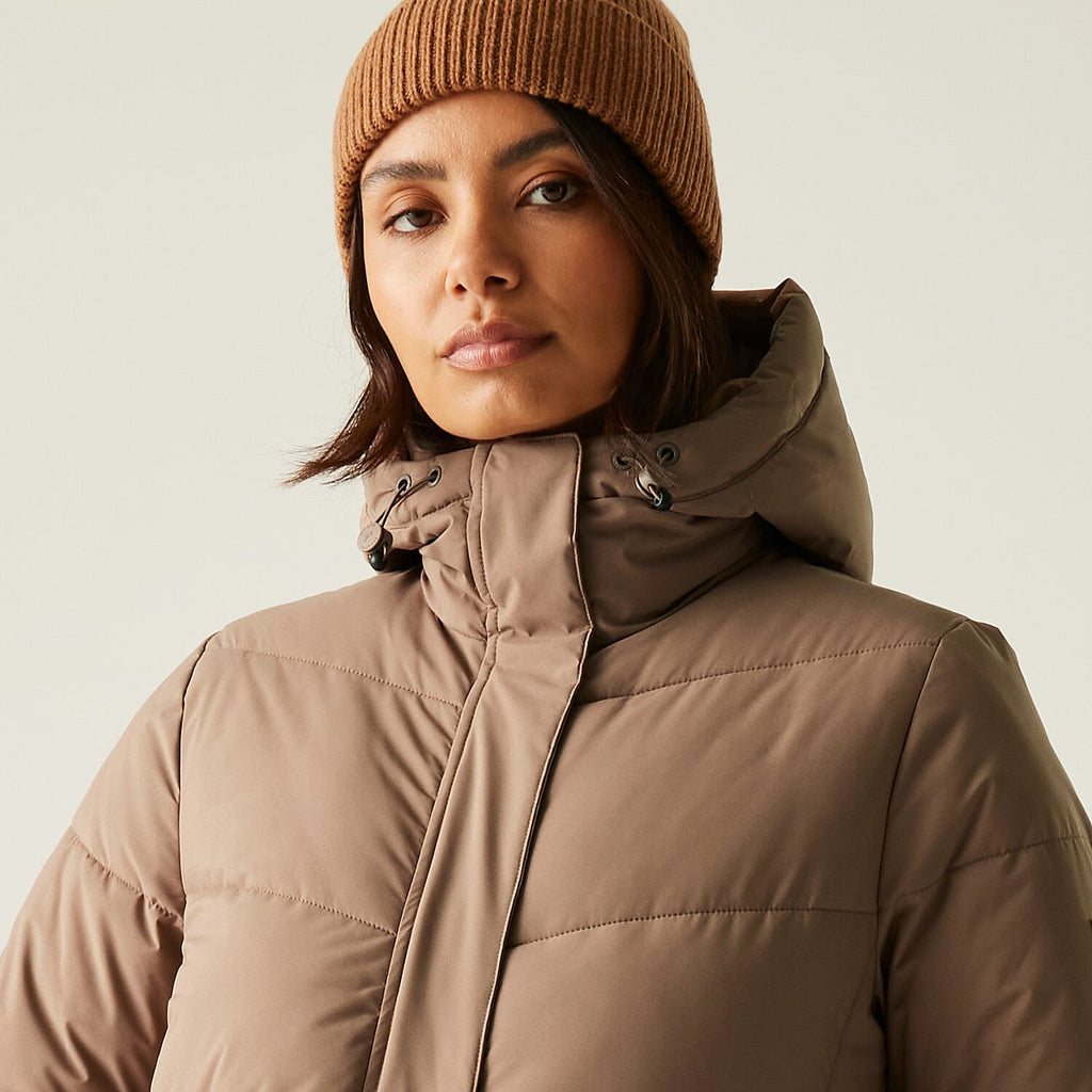 Regatta Womens Longline Quilted Insulated with Hood - Seam Snaps (Size - 18) - Mocha
