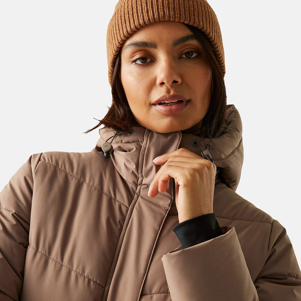 Regatta Womens Longline Quilted Insulated with Hood - Seam Snaps (Size - 18) - Mocha