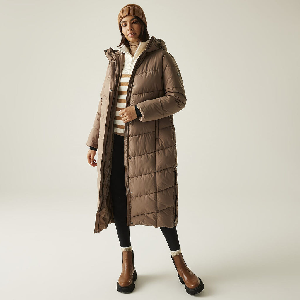 Regatta Womens Longline Quilted Insulated with Hood - Seam Snaps (Size - 20) - Mocha