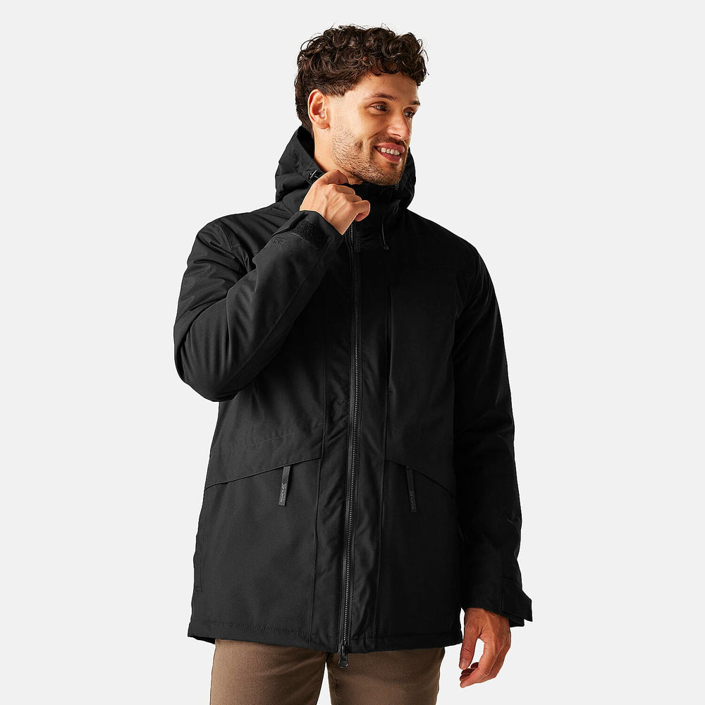 Regatta Mens Waterproof Thermoguard Insulated Jacket With High Collar Hood, Storm Cuffs & Adjustable Hem (Size L) - Black