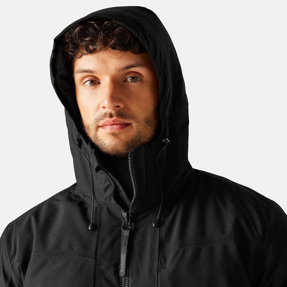 Regatta Mens Waterproof Thermoguard Insulated Jacket With High Collar Hood, Storm Cuffs & Adjustable Hem (Size L) - Black