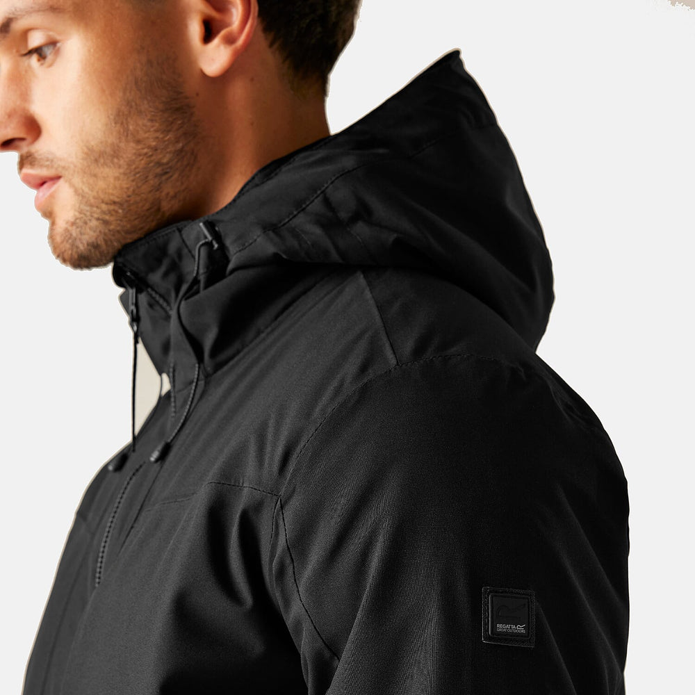 Regatta Mens Waterproof Thermoguard Insulated Jacket With High Collar Hood, Storm Cuffs & Adjustable Hem (Size L) - Black