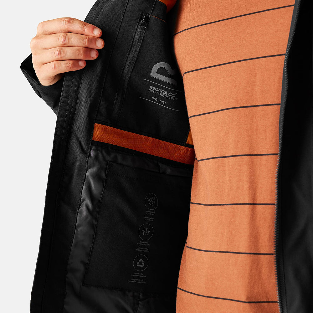 Regatta Mens Waterproof Thermoguard Insulated Jacket With High Collar Hood, Storm Cuffs & Adjustable Hem (Size XL) - Black