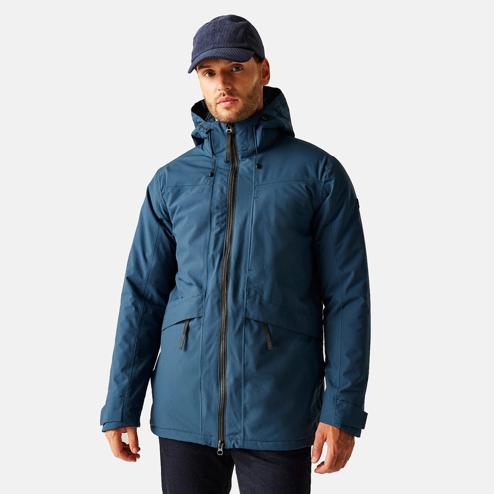 Regatta Mens Waterproof Thermoguard Insulated Jacket With High Collar Hood, Storm Cuffs & Adjustable Hem (Size L) - Blue