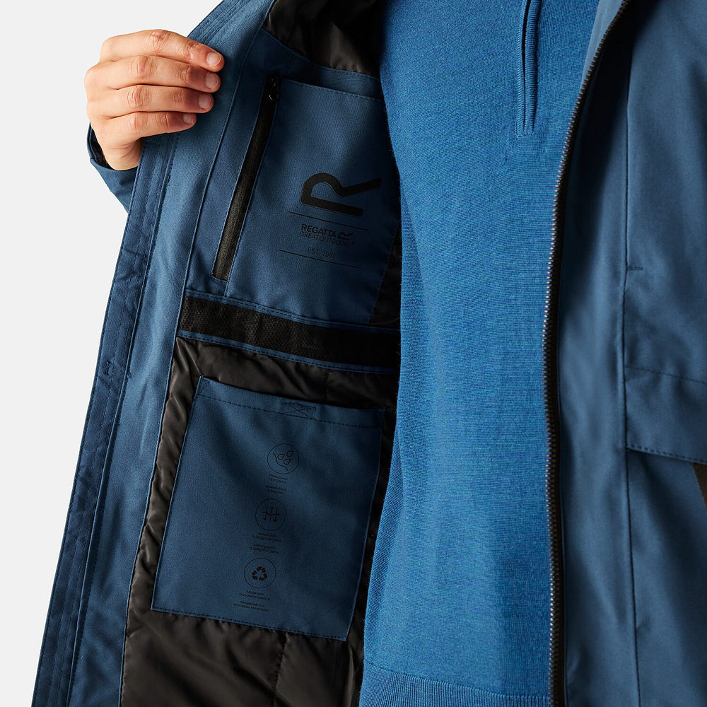 Regatta Mens Waterproof Thermoguard Insulated Jacket With High Collar Hood, Storm Cuffs & Adjustable Hem (Size XL) - Blue