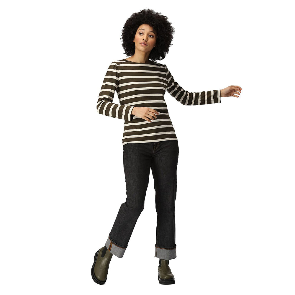 REGATTA Womens Federica Striped T-Shirt (Size 8) - Khaki & Light Vanilla