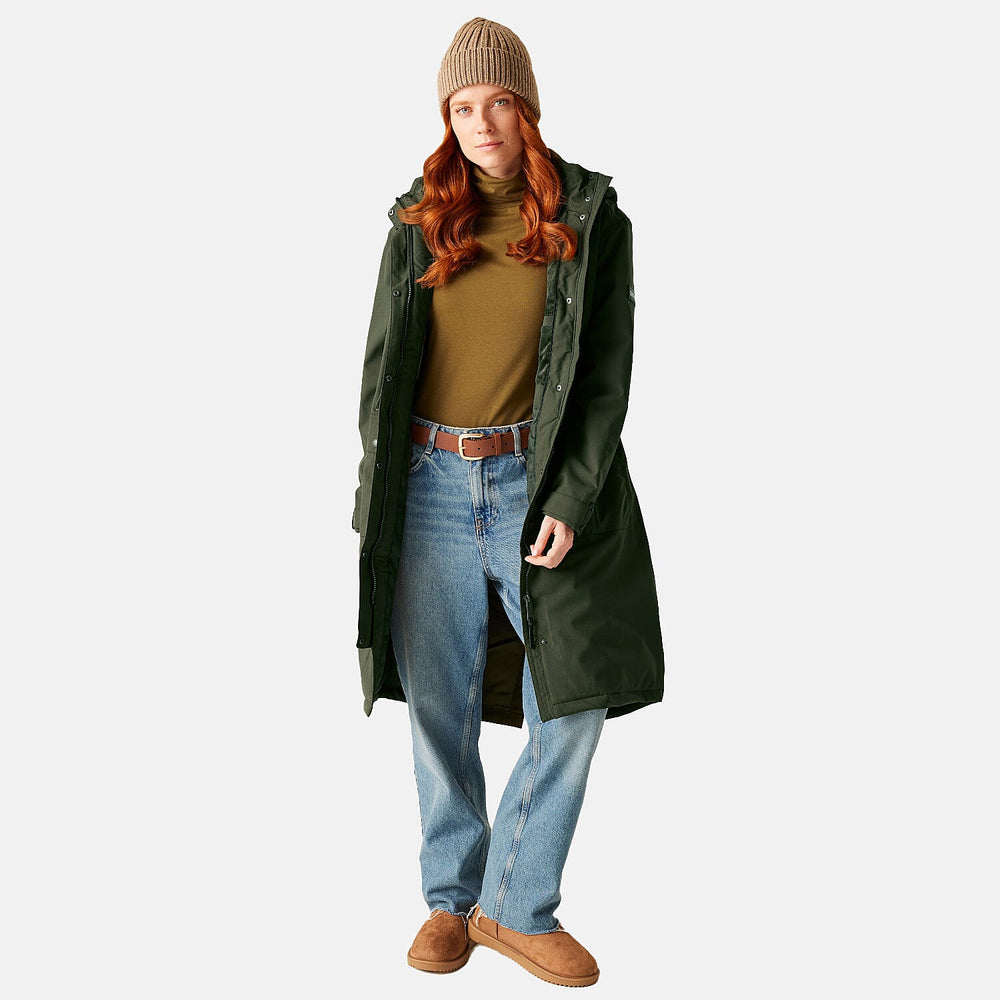 Regatta Womens Long-Length Waterproof Insulated Jacket With Adjustable Shockcord, Patch Pockets - Fleece Lined Hood (Size 16) - Dark Khaki