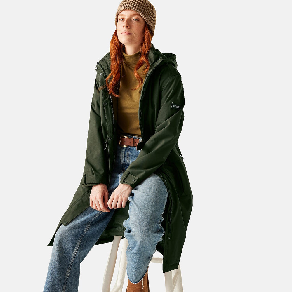 Regatta Womens Long-Length Waterproof Insulated Jacket With Adjustable Shockcord, Patch Pockets - Fleece Lined Hood (Size 16) - Dark Khaki