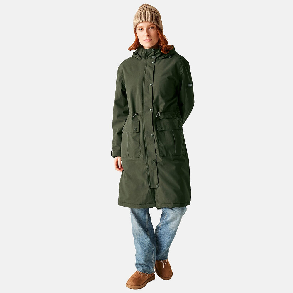 Regatta Womens Long-Length Waterproof Insulated Jacket With Adjustable Shockcord, Patch Pockets - Fleece Lined Hood (Size 16) - Dark Khaki