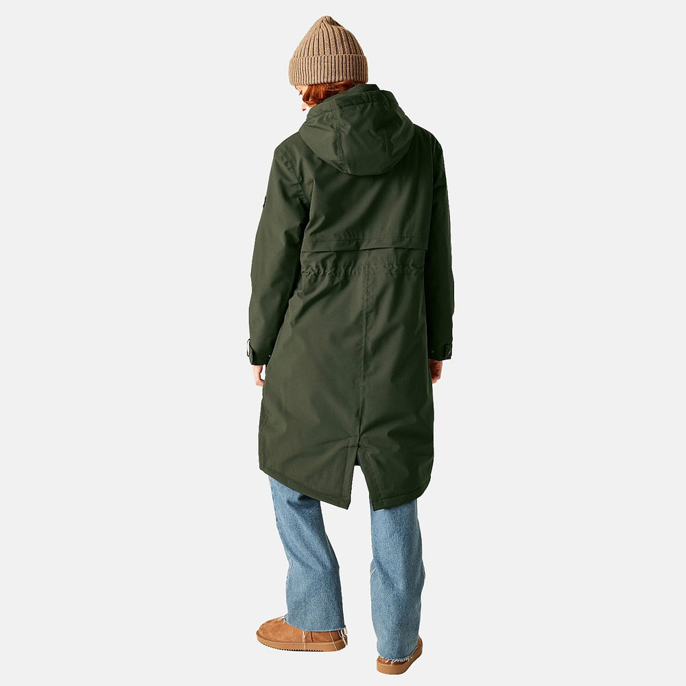 Regatta Womens Long-Length Waterproof Insulated Jacket With Adjustable Shockcord, Patch Pockets - Fleece Lined Hood (Size 16) - Dark Khaki