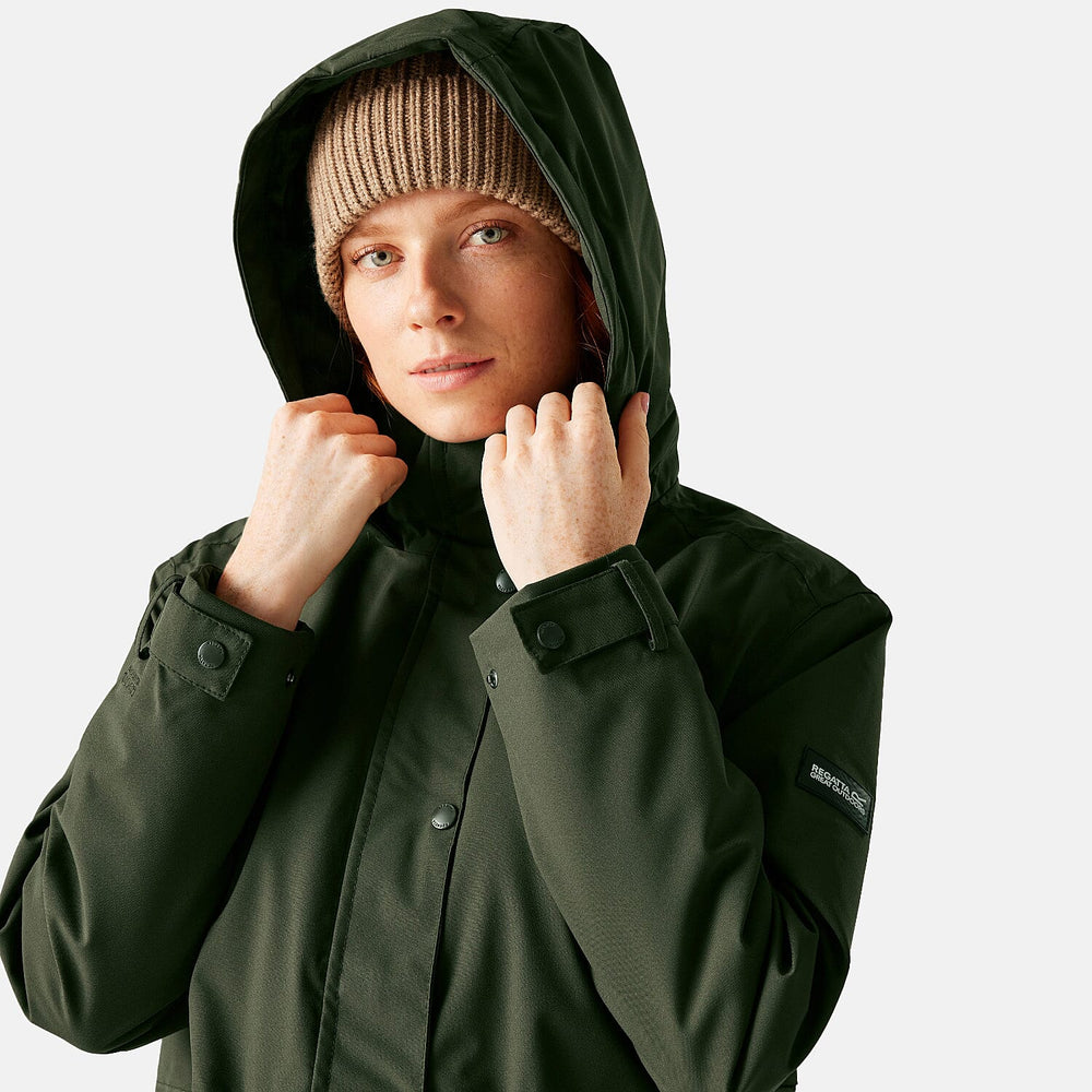 Regatta Womens Long-Length Waterproof Insulated Jacket With Adjustable Shockcord, Patch Pockets - Fleece Lined Hood (Size 16) - Dark Khaki
