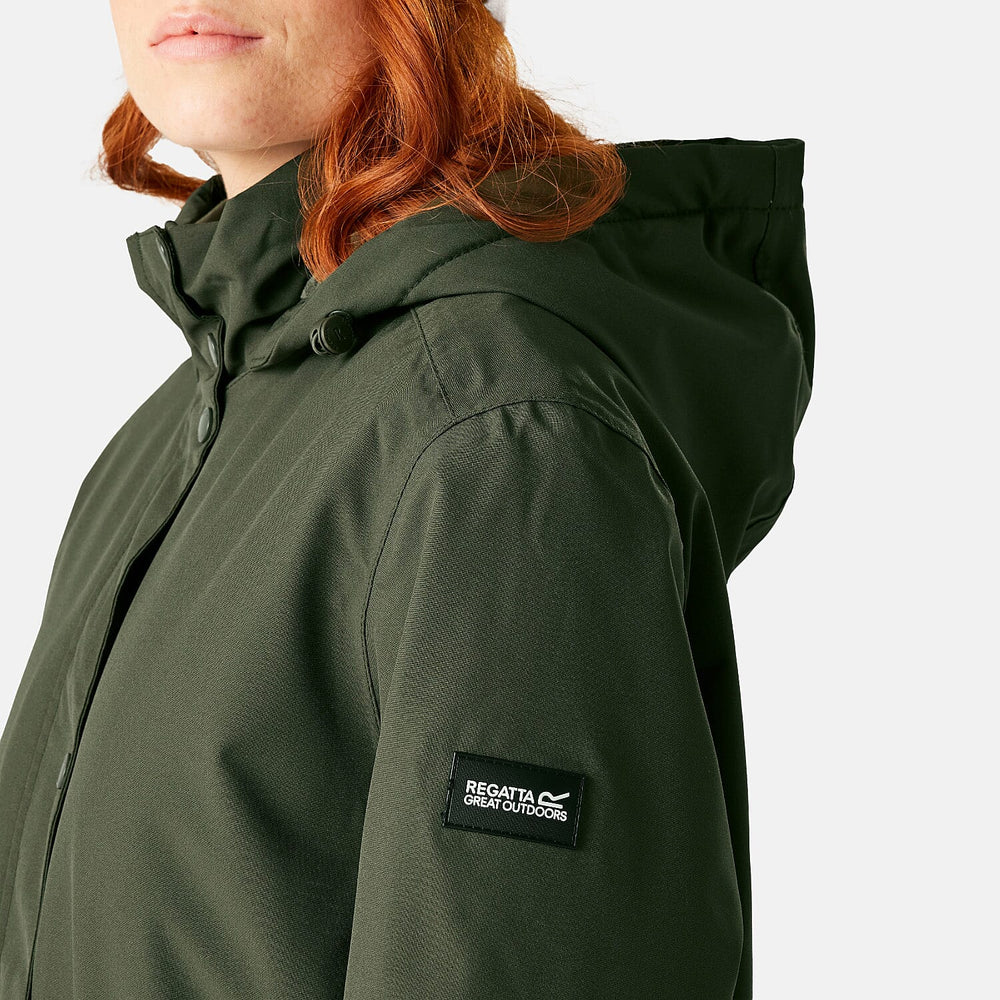 Regatta Womens Long-Length Waterproof Insulated Jacket With Adjustable Shockcord, Patch Pockets - Fleece Lined Hood (Size 16) - Dark Khaki