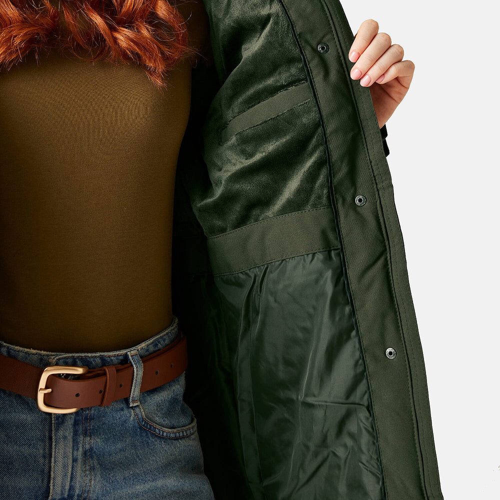 Regatta Womens Long-Length Waterproof Insulated Jacket With Adjustable Shockcord, Patch Pockets - Fleece Lined Hood (Size 16) - Dark Khaki