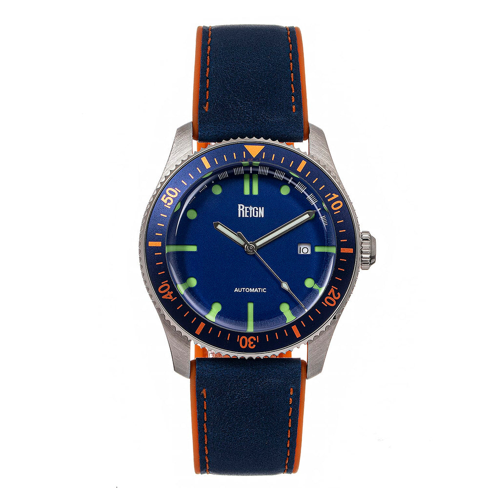 Reign Elijah Jewels Automatic Movement Sapphire-Coated Mineral Crystal Orange & Blue Directional Rotating Bezel Blue Dial With Date 10 ATM Water Resistance Watch With Blue Rubber Inlaid Leather Band