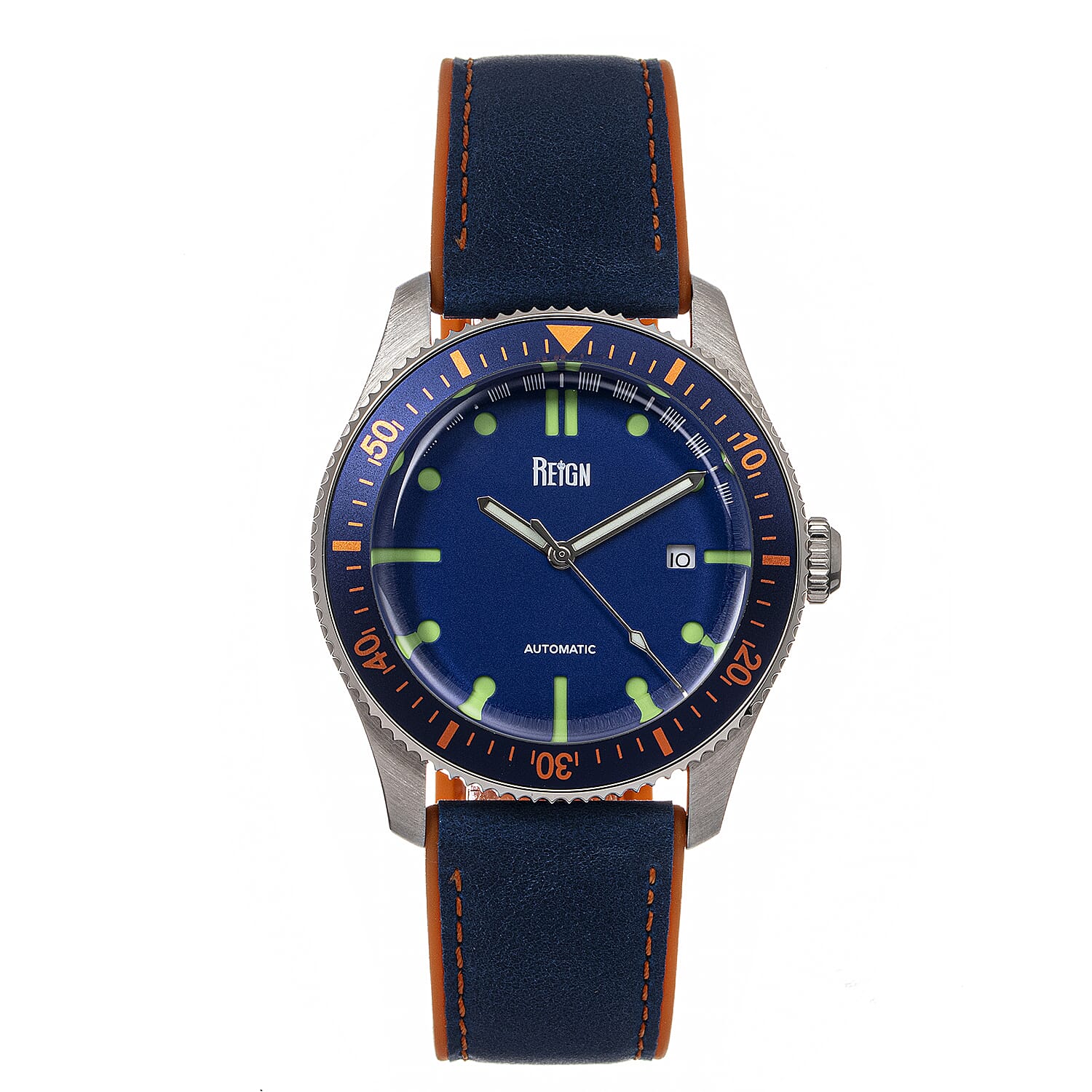 Reign Elijah Jewels Automatic Movement Sapphire-Coated Mineral Crystal Orange & Blue Directional Rotating Bezel Blue Dial With Date 10 ATM Water Resistance Watch With Blue Rubber Inlaid Leather Band