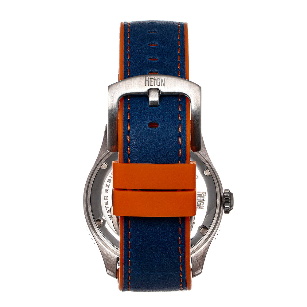 Reign Elijah Jewels Automatic Movement Sapphire-Coated Mineral Crystal Orange & Blue Directional Rotating Bezel Blue Dial With Date 10 ATM Water Resistance Watch With Blue Rubber Inlaid Leather Band