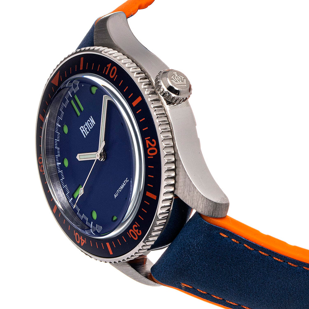 Reign Elijah Jewels Automatic Movement Sapphire-Coated Mineral Crystal Orange & Blue Directional Rotating Bezel Blue Dial With Date 10 ATM Water Resistance Watch With Blue Rubber Inlaid Leather Band