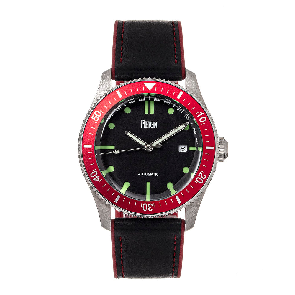 Reign Elijah Jewels Automatic Movement Sapphire-Coated Mineral Crystal Red Directional Rotating Bezel Dial With Date 10 ATM Water Resistance Watch With Red Rubber Inlaid Leather Band