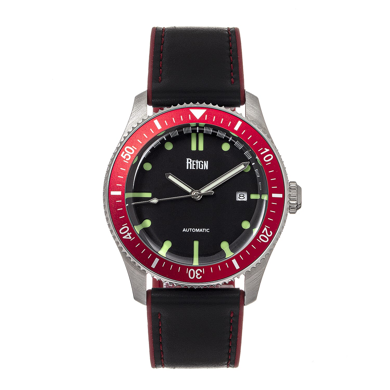 Reign Elijah Jewels Automatic Movement Sapphire-Coated Mineral Crystal Red Directional Rotating Bezel Dial With Date 10 ATM Water Resistance Watch With Red Rubber Inlaid Leather Band