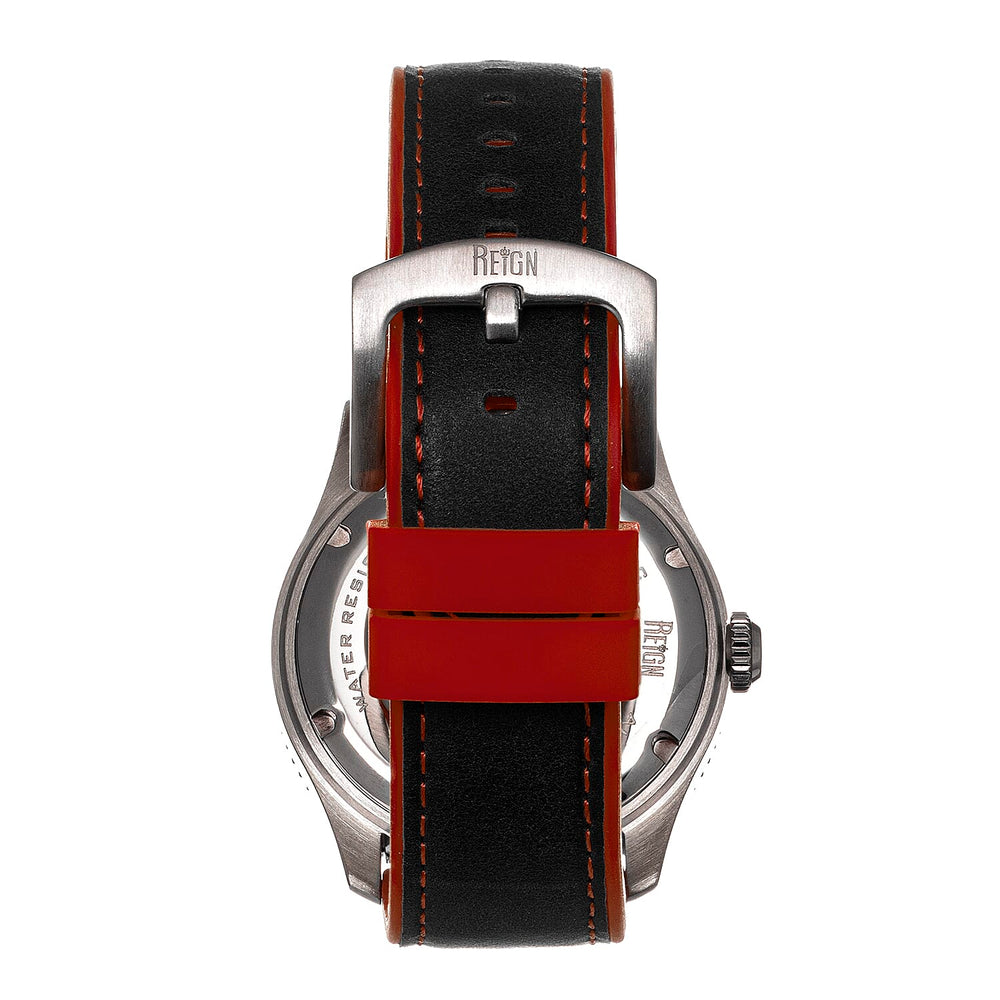 Reign Elijah Jewels Automatic Movement Sapphire-Coated Mineral Crystal Red Directional Rotating Bezel Dial With Date 10 ATM Water Resistance Watch With Red Rubber Inlaid Leather Band