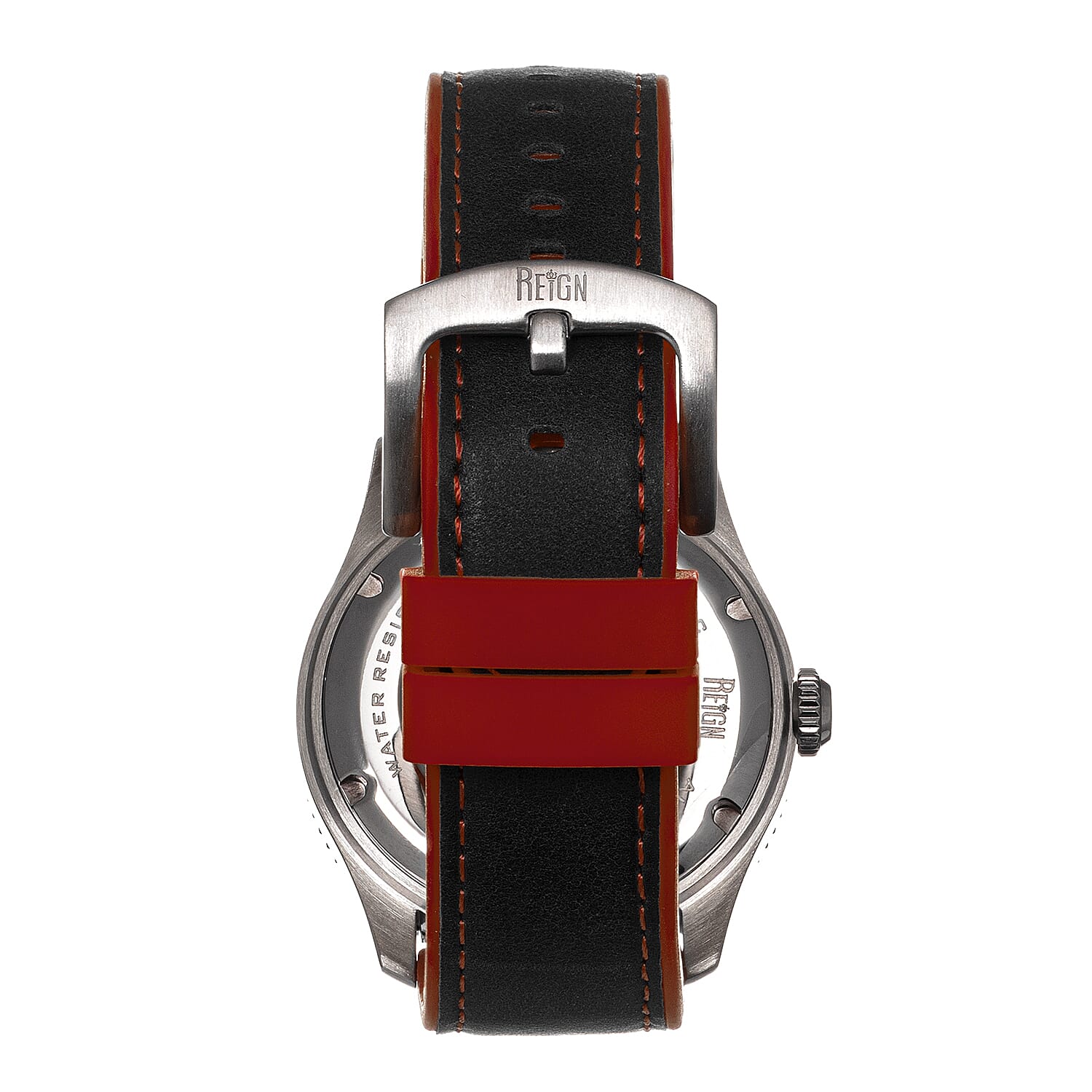 Reign Elijah Jewels Automatic Movement Sapphire-Coated Mineral Crystal Red Directional Rotating Bezel Dial With Date 10 ATM Water Resistance Watch With Red Rubber Inlaid Leather Band