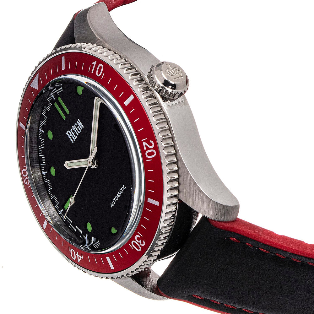 Reign Elijah Jewels Automatic Movement Sapphire-Coated Mineral Crystal Red Directional Rotating Bezel Dial With Date 10 ATM Water Resistance Watch With Red Rubber Inlaid Leather Band