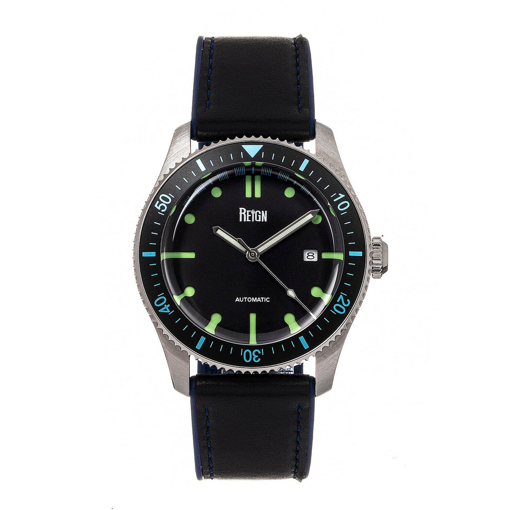 Reign Elijah Jewels Automatic Movement Sapphire-Coated Mineral Crystal Black & Blue Directional Rotating Bezel Dial With Date 10 ATM Water Resistance Watch With Black Rubber Inlaid Leather Band