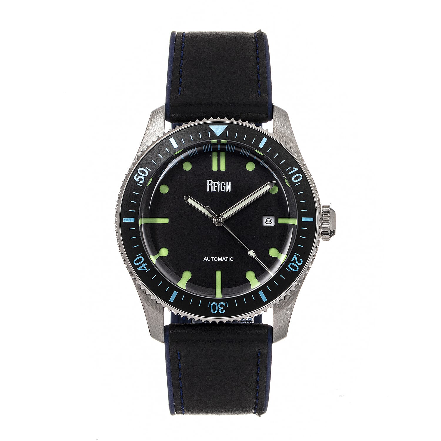 Reign Elijah Jewels Automatic Movement Sapphire-Coated Mineral Crystal Black & Blue Directional Rotating Bezel Dial With Date 10 ATM Water Resistance Watch With Black Rubber Inlaid Leather Band