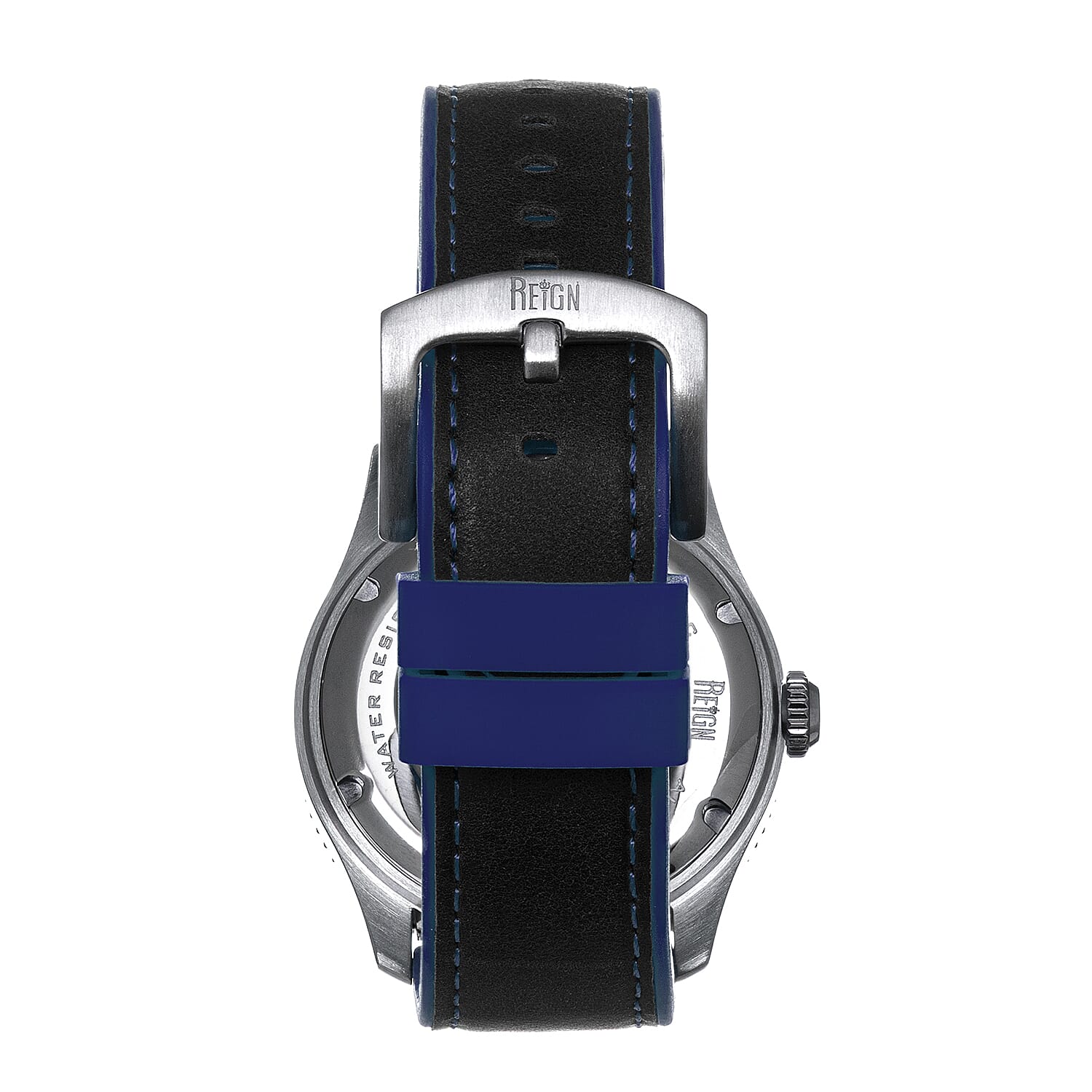 Reign Elijah Jewels Automatic Movement Sapphire-Coated Mineral Crystal Black & Blue Directional Rotating Bezel Dial With Date 10 ATM Water Resistance Watch With Black Rubber Inlaid Leather Band