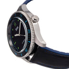 Reign Elijah Jewels Automatic Movement Sapphire-Coated Mineral Crystal Black & Blue Directional Rotating Bezel Dial With Date 10 ATM Water Resistance Watch With Black Rubber Inlaid Leather Band