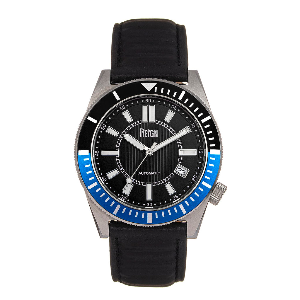 Reign Francis Jewels Seiko Automatic Movement Sapphire-Coated Mineral Crystal Blue Rotating Bezel Black Dial With Date 10 ATM Water Resistance Watch With Black Genuine Leather Strap
