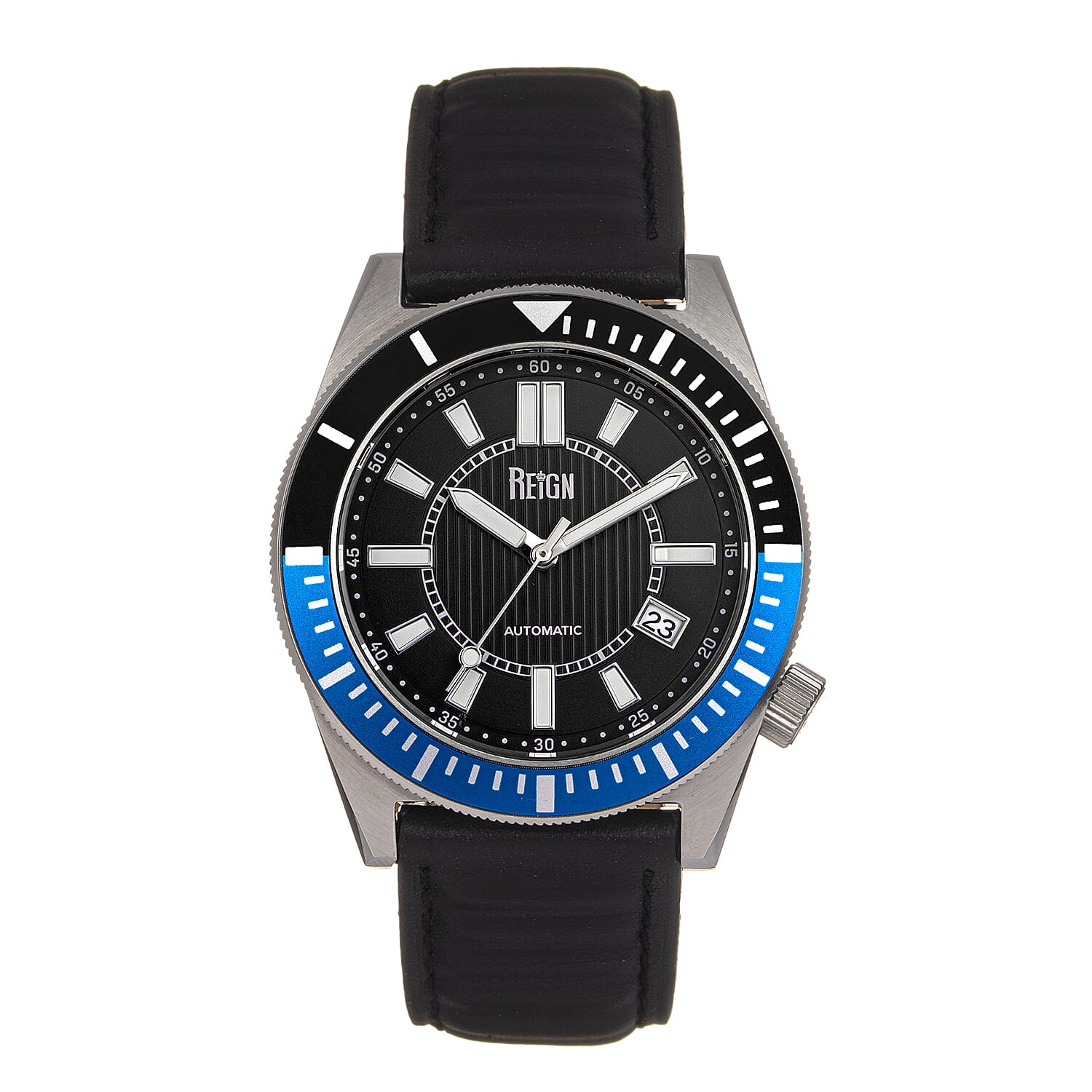 Reign Francis Jewels Seiko Automatic Movement Sapphire-Coated Mineral Crystal Blue Rotating Bezel Black Dial With Date 10 ATM Water Resistance Watch With Black Genuine Leather Strap