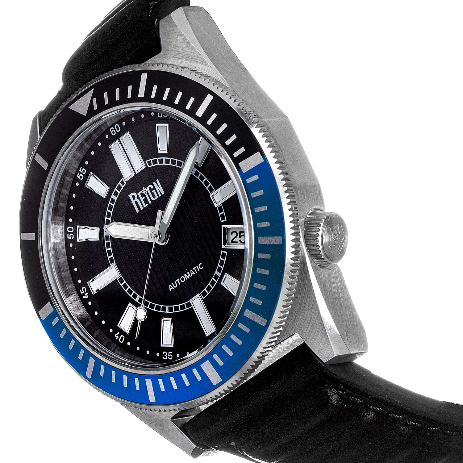 Reign Francis Jewels Seiko Automatic Movement Sapphire-Coated Mineral Crystal Blue Rotating Bezel Black Dial With Date 10 ATM Water Resistance Watch With Black Genuine Leather Strap