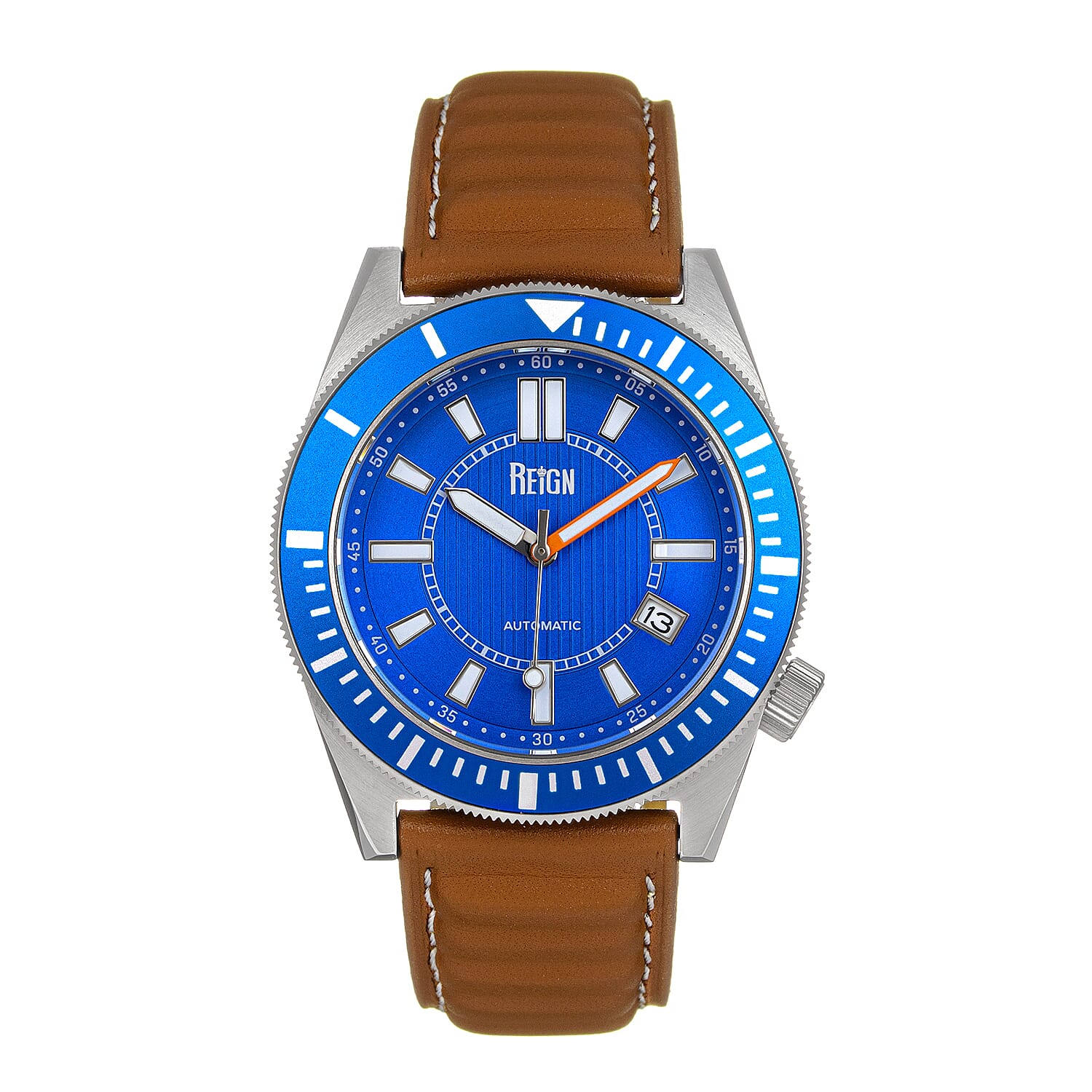 Reign Francis Jewels Seiko Automatic Movement Sapphire-Coated Mineral Crystal Blue Rotating Bezel Blue Dial With Date 10 ATM Water Resistance Watch With Brown Genuine Leather Strap