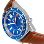 Reign Francis Jewels Seiko Automatic Movement Sapphire-Coated Mineral Crystal Blue Rotating Bezel Blue Dial With Date 10 ATM Water Resistance Watch With Brown Genuine Leather Strap