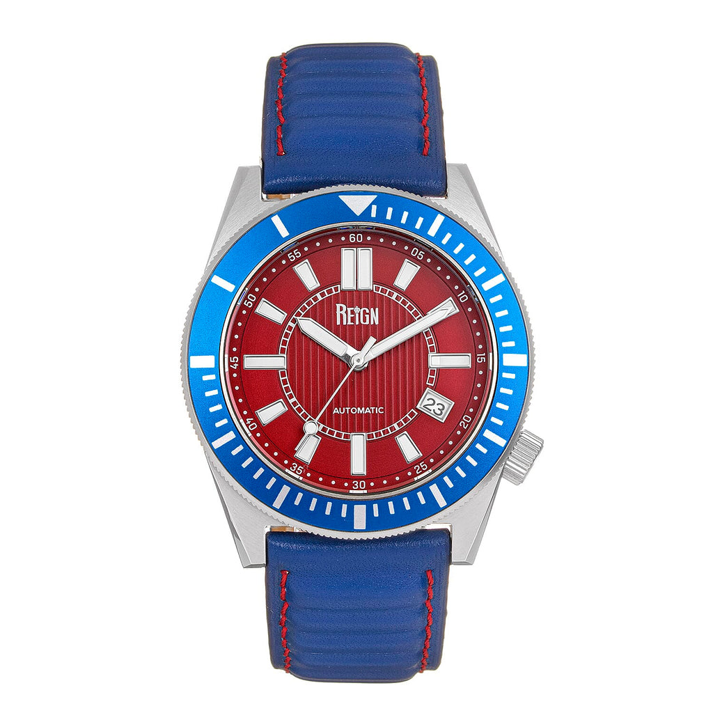 Reign Francis Jewels Seiko Automatic Movement Sapphire-Coated Mineral Crystal Blue Rotating Bezel Red Dial With Date 10 ATM Water Resistance Watch With Blue Genuine Leather Strap